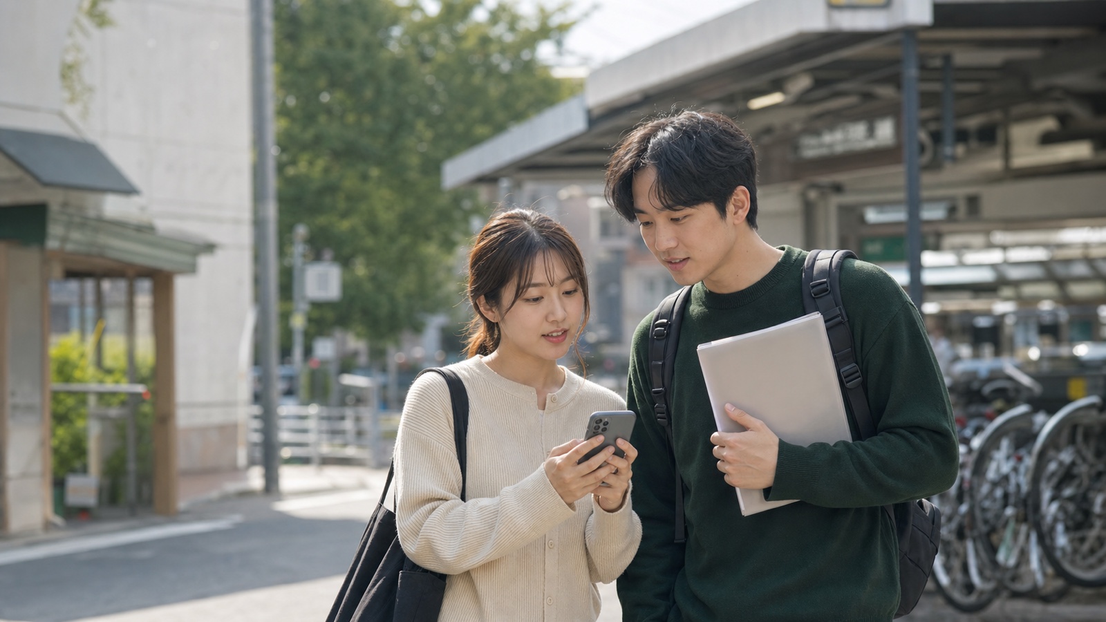 도쿄 생활 거리에서 일본 생활 정보를 함께 확인하는 20대 일본인 여성과 한국인 남성