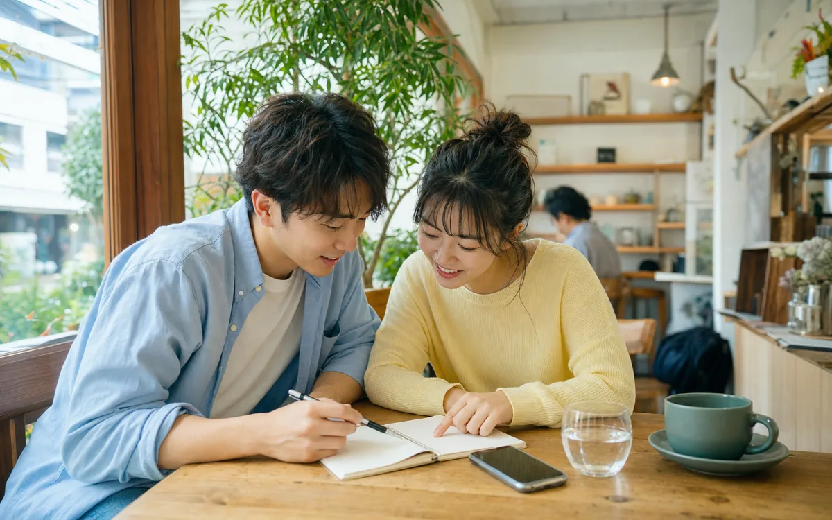 밝은 카페에서 휴대전화와 일정표를 함께 확인하는 청년들