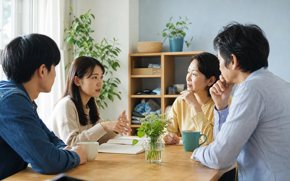 밝은 공간에서 일본 생활 정보를 자연스럽게 나누는 세대가 어우러진 모임