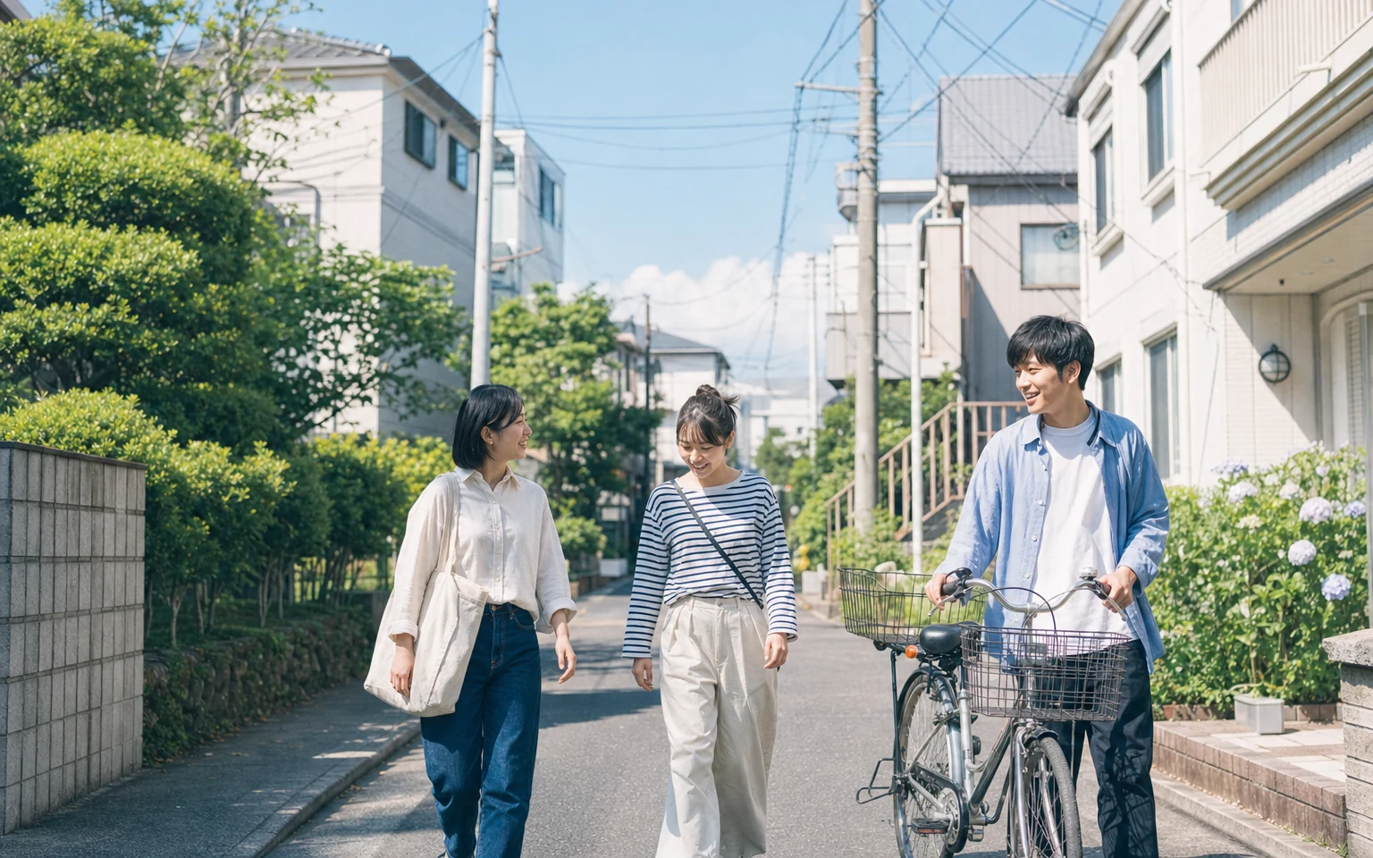 밝은 일본 주택가에서 자전거와 가방을 들고 함께 이동하는 청년들