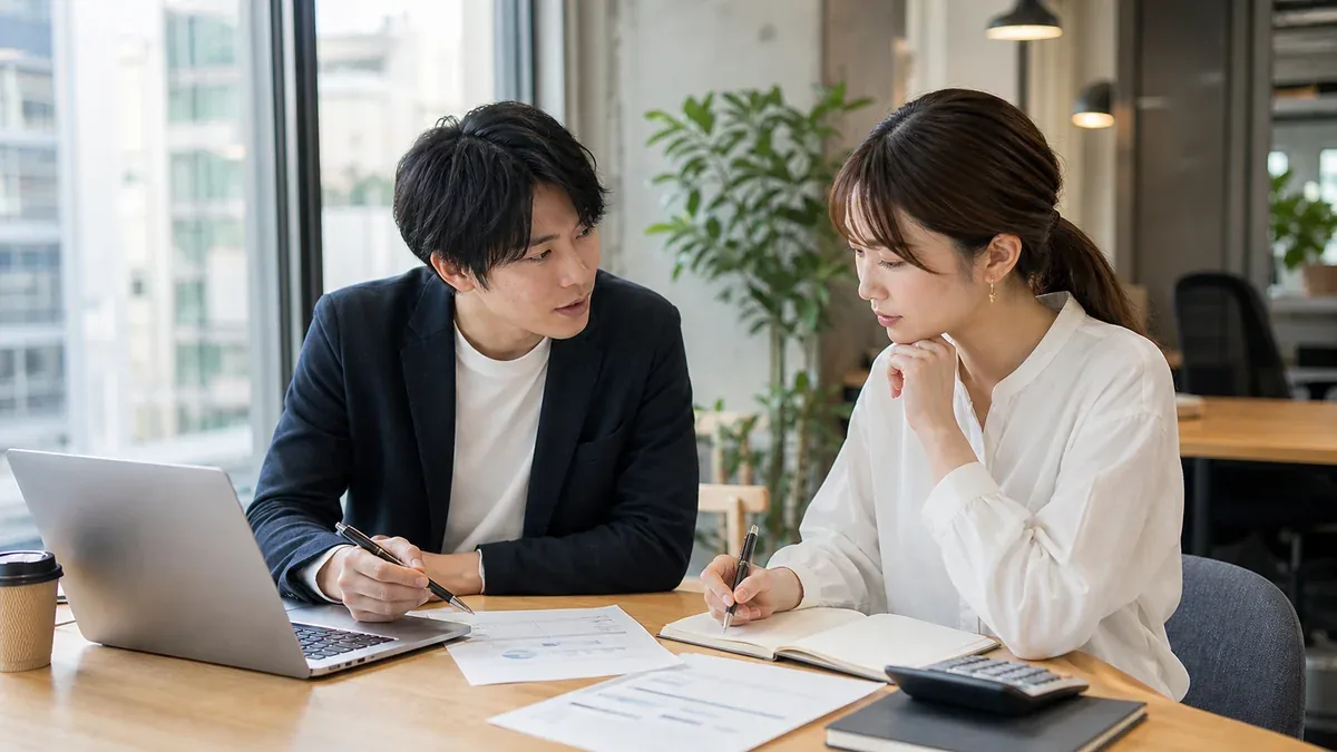 일본 진출 일정과 사업 계획서를 회의 테이블에서 검토하는 모습