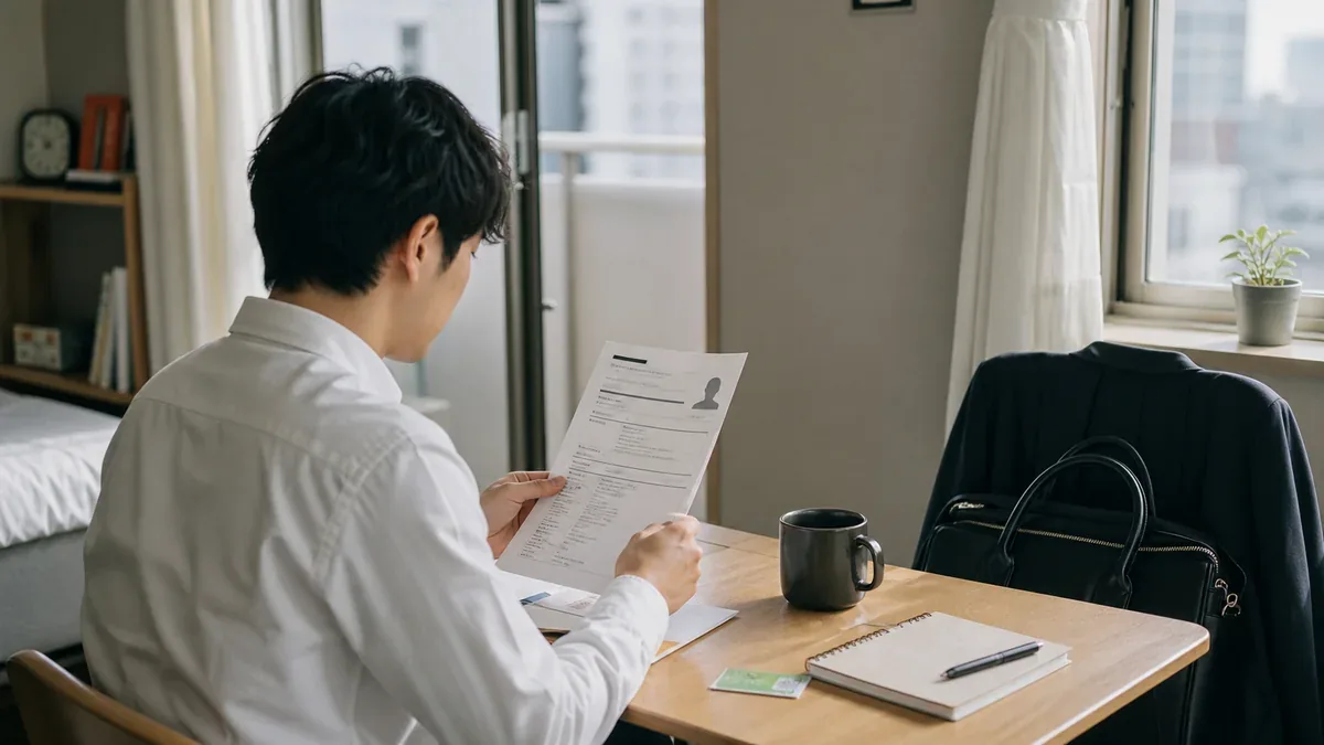 일본 취업 면접을 앞두고 이력서와 질문을 점검하는 모습