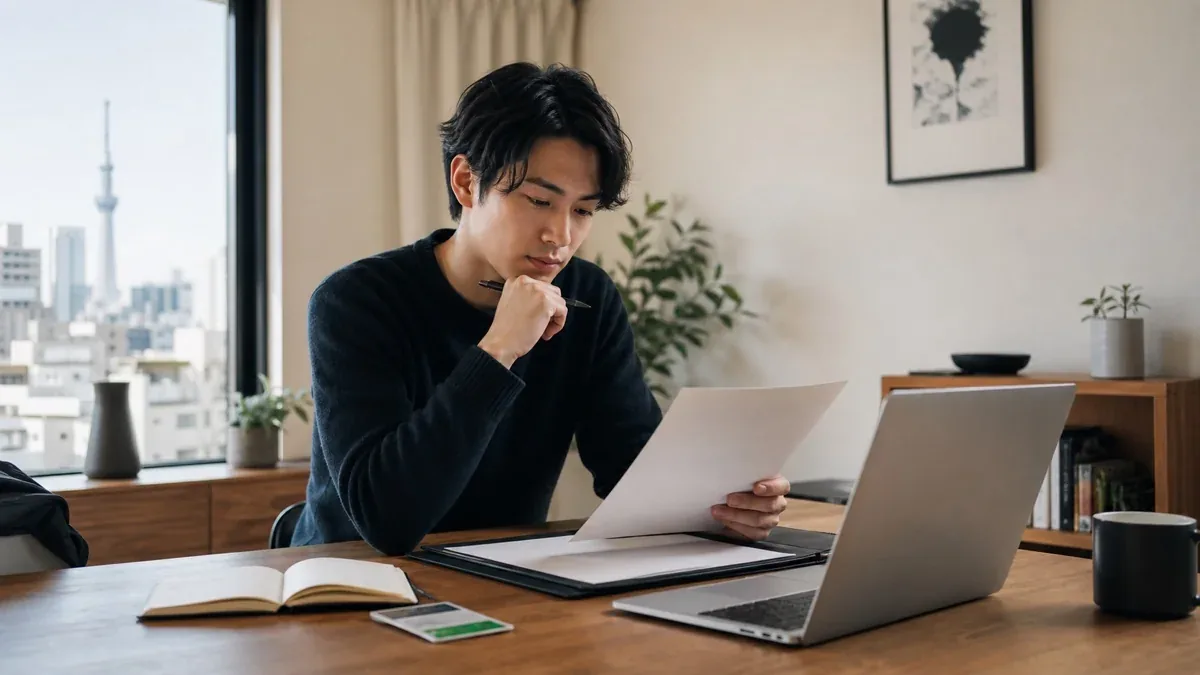 노트북으로 일본 구인 조건과 지원 일정을 확인하는 모습